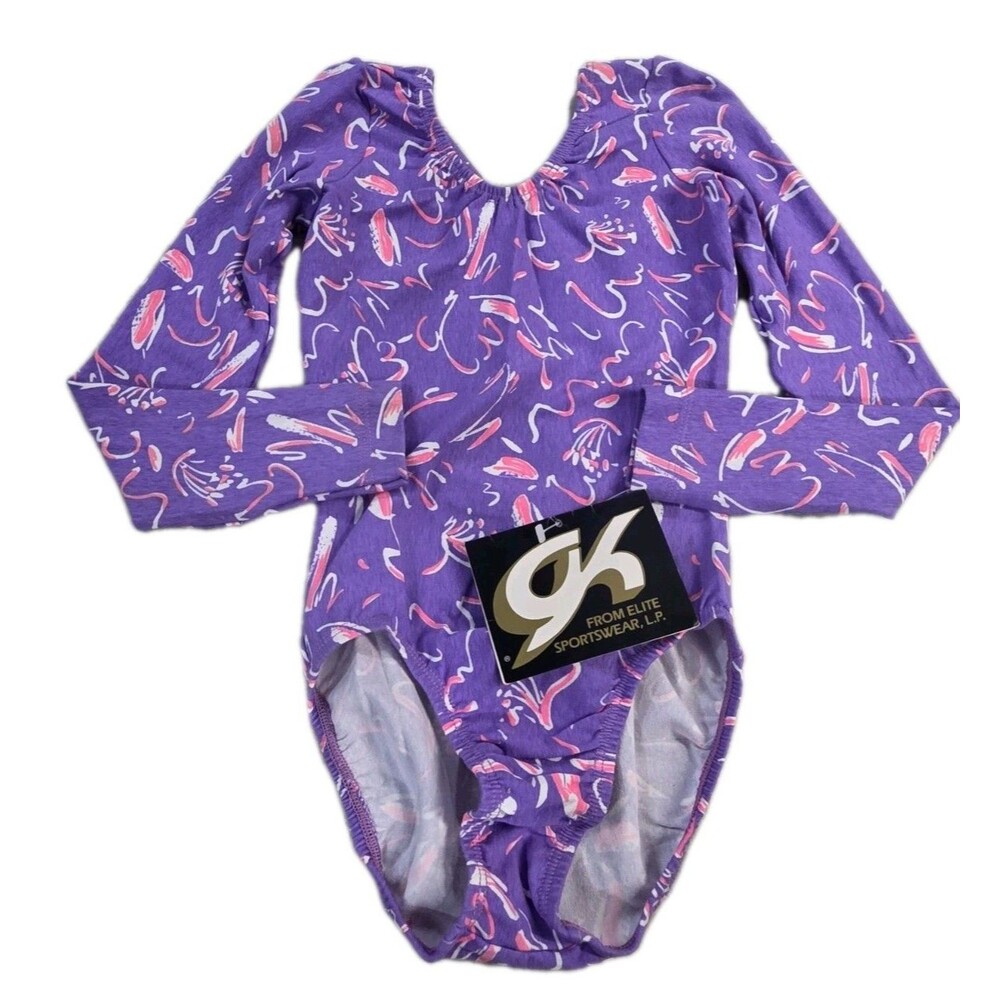 GK Elite VTG 80s Pastel Scribble Print LS Cotton Leotard Bodysuit AXS Adult XS